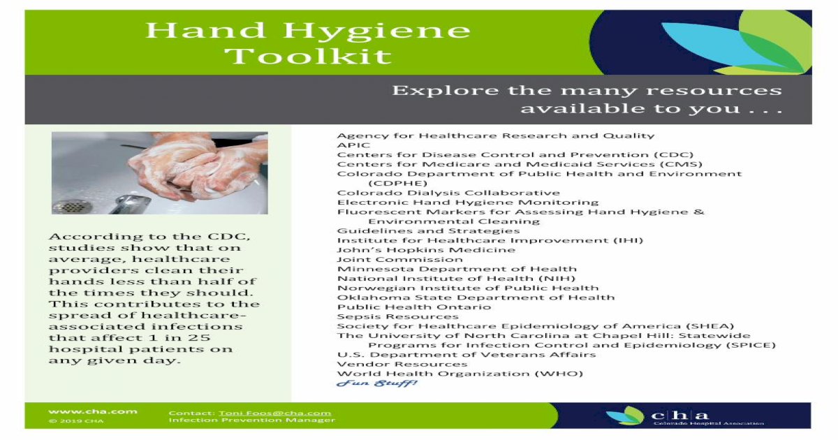 Hand Hygiene Toolkit Colorado Hospital Association · • Hand Hygiene