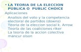 LA TEORIA DE LA ELECCION PÚBLICA O PUBLIC CHOICE Aplicaciones Analisis del voto y la competencia electoral de partidos (downs) Teoria de la eleccion social.