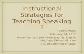 Instructional Strategies for Teaching Speaking Zolotonosha February 24, 2012 Presented by Carol Haddaway, Sr. English Language Fellow, Ukraine U.S. Department.