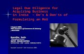 Legal Due Diligence for Acquiring Business in India – Dos & Don'ts of Formulating an MoU 1 August 2008, PHD chambers of Commerce & Industry, New Delhi.