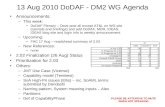 13 Aug 2010 DoDAF - DM2 WG Agenda Announcements: –This week: DoDAF Plenary – Dave post all except AT&L on WG site (tutorials and briefings) and add DoDAF,