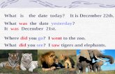 What is the date today? It is December 22th. What was the date yesterday? It was December 21st. Where did you go? I went to the zoo. What did you see?