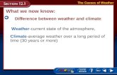 Weather-current state of the atmosphere, The Causes of Weather Climate-average weather over a long period of time (30 years or more) What we now know: