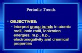 Periodic Trends u OBJECTIVES: Interpret group trends in atomic radii, ionic radii, ionization energies, m.p., b.p., electronegativity and chemical properties.
