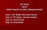AP Style 2013 (with thanks to Gary Djajapranata) Day I: AP Style, Number Rules Day II: AP Style, Various Rules Day III: HUB Style Day IV: Grammar.