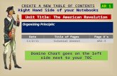 CREATE A NEW TABLE OF CONTENTS Right Hand Side of your Notebooks Organizing Principle: Unit Title: The American Revolution AR 1 DateTitle of PagesPage.