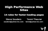 High Performance Web Sites 14 rules for faster-loading pages Steve Souders souders@yahoo-inc.com Tenni Theurer tenni@yahoo-inc.com.