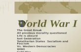 World War I The Great Break All previous morality questioned Life is absurd lost Generation Totalitarian States Socialism and Fascism Vs. Western Democracies.