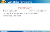 Holt Algebra 2 8-1 Variation Functions direct variationinverse variation constant of variationjoint variation combined variation Vocabulary.