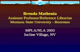 Brenda Mathenia Assistant Professor/Reference Librarian Montana State University - Bozeman MPLA/NLA 2003 Incline Village, NV.