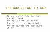 INTRODUCTION TO DNA By the end of this lecture you will know: The basic function of DNA The basic structure of DNA Who discovered the structure of DNA.