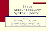 State Accountability System Update TAAE February 2 – 4, 2006 Presented by Nancy Rinehart, TEA, Division of Performance Reporting.
