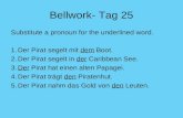 Bellwork- Tag 25 Substitute a pronoun for the underlined word. 1.Der Pirat segelt mit dem Boot. 2.Der Pirat segelt in der Caribbean See. 3.Der Pirat hat.