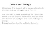 Work and Energy Objectives: The student will understand the basic terms associated with Work and Energy. The concepts of work and energy are closely tied.