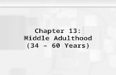 Chapter 13: Middle Adulthood (34 – 60 Years). Middle Adulthood (34 – 60 Years) Chapter Objectives –To examine the world of work as a context for development,
