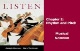 Chapter 2: Rhythm and Pitch Musical Notation. Key Terms Notes Rests Dotted notes Dotted rests Ties Slurs Legato Staccato Triplet Time signatures Staff.