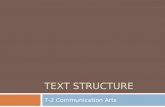 TEXT STRUCTURE 7-2 Communication Arts. What is text structure? Text structure is how information is organized in a passage The structure can change multiple.
