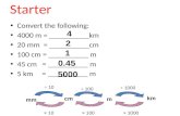 Starter Convert the following: 4000 m = __________km 20 mm = __________cm 100 cm = __________ m 45 cm = __________ m 5 km = __________ m mm cm m km ÷ 10.