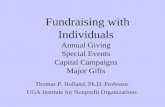 Fundraising with Individuals Annual Giving Special Events Capital Campaigns Major Gifts Thomas P. Holland, Ph.D. Professor UGA Institute for Nonprofit.