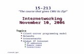 Internetworking November 10, 2006 Topics Client-server programming model Networks Internetworks Global IP Internet IP addresses Domain names Connections.