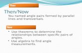 Then/Now You named angle pairs formed by parallel lines and transversals. Use theorems to determine the relationships between specific pairs of angles.