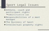 Sport Legal Issues Athlete, coach and participant rights Administrative law Responsibilities of a meet manager The Business of Sport Intellectual property.