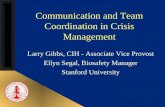 Communication and Team Coordination in Crisis Management Larry Gibbs, CIH - Associate Vice Provost Ellyn Segal, Biosafety Manager Stanford University.