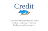 Evaluate various sources of credit available to the government, business, and consumers.