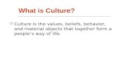 What is Culture? Culture is the values, beliefs, behavior, and material objects that together form a peoples way of life.