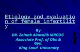 Etiology and evaluation of female infertility Etiology and evaluation of female infertilityBy DR. Zeinab Abotalib MRCOG Associate Prof. of Obs & Gyn. King.