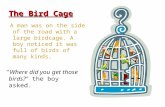 A man was on the side of the road with a large birdcage. A boy noticed it was full of birds of many kinds. The Bird Cage "Where did you get those birds?"