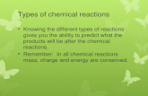 Types of chemical reactions Knowing the different types of reactions gives you the ability to predict what the products will be after the chemical reactions.