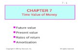 7 - 1 Copyright © 2001 by Harcourt, Inc.All rights reserved. Future value Present value Rates of return Amortization CHAPTER 7 Time Value of Money.