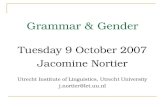 Grammar & Gender Tuesday 9 October 2007 Jacomine Nortier Utrecht Institute of Linguistics, Utrecht University j.nortier@let.uu.nl.