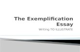 Writing TO ILLUSTRATE.  An exemplification essay uses one or more particular cases or EXAMPLES to illustrate or explain a point, an assertion or an abstract.