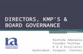 DIRECTORS, KMP’S & BOARD GOVERNANCE Rashida Adenwala Founder Partner R & A Associates Hyderabad, Gurgaon, Chennai.