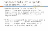 Fundamentals of a Needs Assessment (NA)  Needs Assessment is the process of identifying and measuring areas for improvement in a target audience, and.