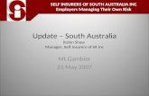 Update – South Australia Robin Shaw Manager, Self Insurers of SA Inc Mt Gambier 21 May 2007 INSURERS SELF INSURERS OF SOUTH AUSTRALIA INC Employers Managing.