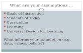 What are your assumptions … Goals of Instruction Students of Today Curriculum Learning Universal Design for Learning What informs your assumption (e.g.