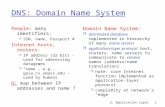 2: Application Layer1 DNS: Domain Name System People: many identifiers: m SSN, name, Passport # Internet hosts, routers: m IP address (32 bit) - used for.