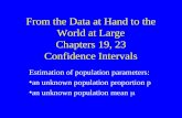 From the Data at Hand to the World at Large Chapters 19, 23 Confidence Intervals Estimation of population parameters: an unknown population proportion.
