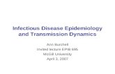 Infectious Disease Epidemiology and Transmission Dynamics Ann Burchell Invited lecture EPIB 695 McGill University April 3, 2007.