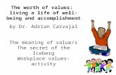 The worth of values: living a life of well-being and accomplishment by Dr. Adrian Carvajal The meaning of value/s The secret of the Iceberg Workplace values-