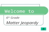 Welcome to 6 th Grade Matter Jeopardy. $100 $200 $300 $400 $100 $200 $300 $400 What Makes Up Matter? Properties of Matter Changing States Matter Math.