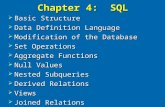 Chapter 4: SQL  Basic Structure  Data Definition Language  Modification of the Database  Set Operations  Aggregate Functions  Null Values  Nested.