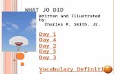 W HAT J O D ID Written and Illustrated by: Charles R. Smith, Jr. Day 1Day 1 Day 4Day 4 Day 2Day 2 Day 5Day 5 Day 3 Vocabulary Definitions Vocabulary Sentences.