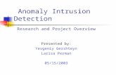 Research and Project Overview Presented by: Yevgeniy Gershteyn Larisa Perman 05/15/2003 Anomaly Intrusion Detection.