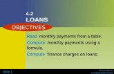 Financial Algebra © Cengage/South-Western Slide 1 4-2 LOANS Read monthly payments from a table. Compute monthly payments using a formula. Compute finance.
