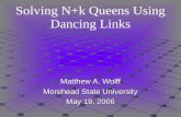Solving N+k Queens Using Dancing Links Matthew A. Wolff Morehead State University May 19, 2006.