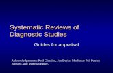 Systematic Reviews of Diagnostic Studies Guides for appraisal Acknowledgements: Paul Glasziou, Jon Deeks, Madhukar Pai, Patrick Bossuyt, and Matthias Egger.